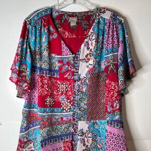 Chico's Size 3P (XL 16P) Patchwork Peplum Flutter Short Sleeve Blouse Top Lined